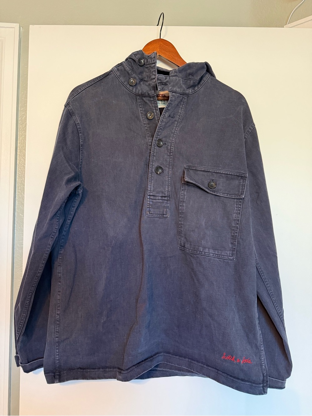 Scotch & Soda Hooded Shirt Jacket in Navy with red embroidery